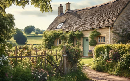 Idyllic English Countryside with a country cottage in the foregroundの素材