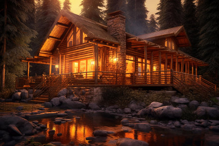 Wooden log house in the forest at night, 3d renderの素材