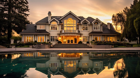 Luxury house with swimming pool in the garden at dusk.の素材
