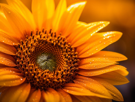 Close up of sunflower with water droplets on petals.の素材