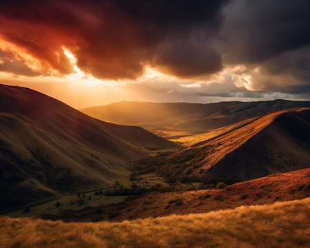 Dramatic sunset in the Carpathian mountains, Ukraine.の素材