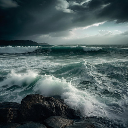 Stormy seascape with big waves breaking on the rocks.の素材