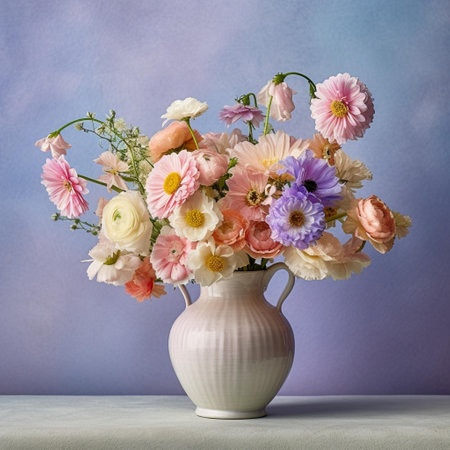 Bouquet of colorful flowers in a vase on the tableの素材
