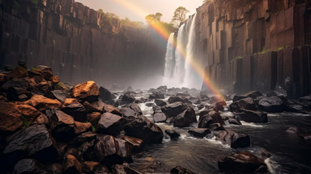 Rainbow over the waterfall in Sri Lanka. Panoramic viewの素材