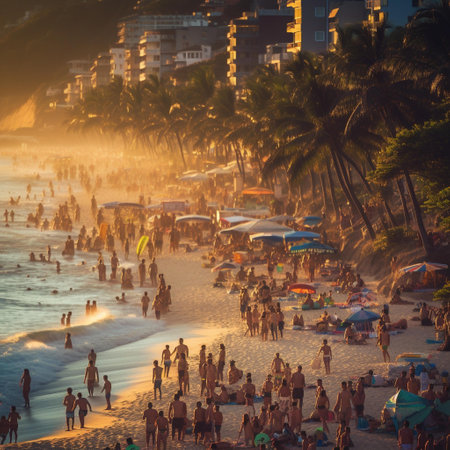 Tourists on the beach of Rio de Janeiro at sunset, Brazilの素材