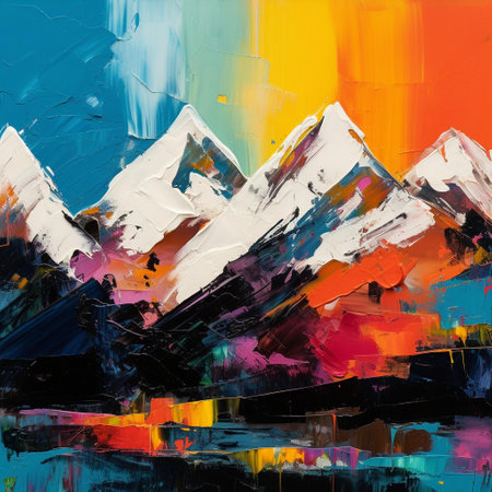 abstract oil painting on canvas with mountains and blue sky, creative backgroundの素材