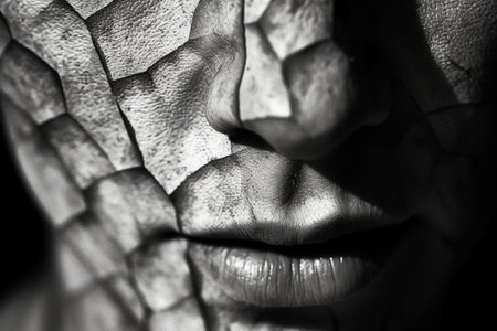 Close-up of a woman's face. Black and white.の素材