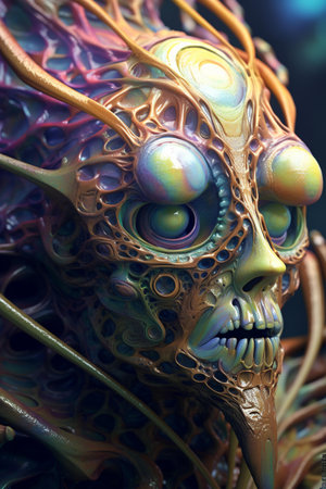 Fantasy alien face closeup. 3d rendering. Computer digital drawing.の素材