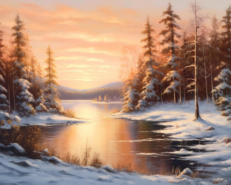Beautiful winter landscape with frozen river and pine trees at sunset.の素材