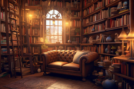 Bookshelves and armchairs in a library. 3d renderingの素材