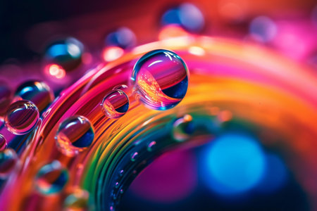 Macro shot of water drops on a colorful background with blurred bokehの素材