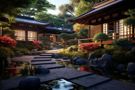 Japanese garden in the evening, Kyoto, Japan. 3D renderingの素材