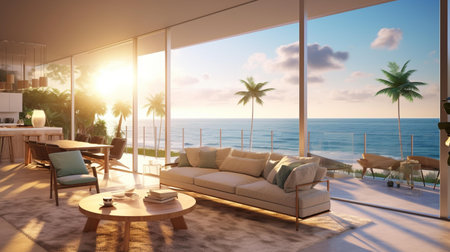 Luxury living room with sea view. 3d rendering.の素材