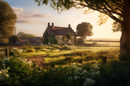 Countryside in the evening light with a small cottage in the foregroundの素材