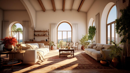 Interior of a modern living room with a large window overlooking the seaの素材