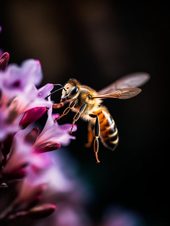 Honey bee on a pink flower. Shallow depth of field.の素材
