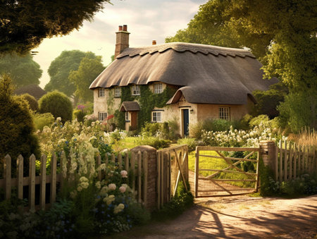 Beautiful cottage with thatched roof in the garden. Vintage style.の素材