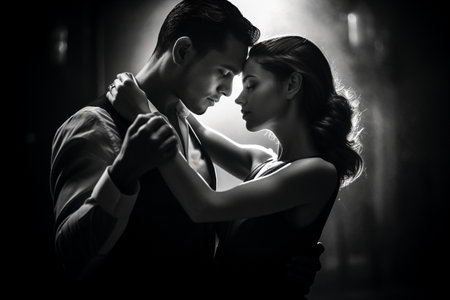Black and white portrait of a young couple dancing tango in the darkの素材