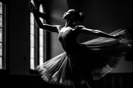 Ballerina in black and white tutu dancing in ballet hallの素材