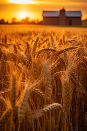 Sunset over a field of wheat with a barn in the backgroundの素材