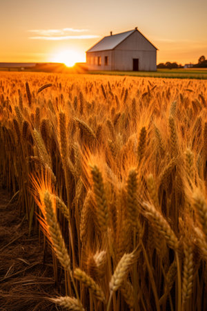Sunset over a wheat field with a small church in the backgroundの素材