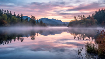 Mountain lake with fog at sunrise. Beautiful autumn landscape. Carpathians, Ukraine, Europe.の素材