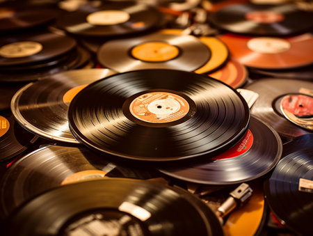 Vinyl records on a flea market. Shallow depth of fieldの素材