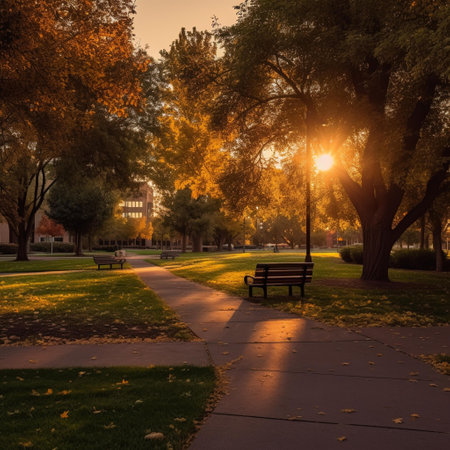 Sunset in the city park with benches and trees in autumn.の素材