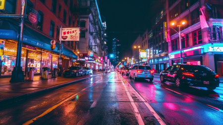 View of New York City street at nightの素材