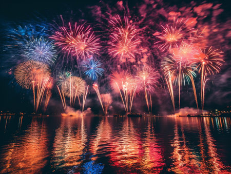 Colorful fireworks of various colors over night sky with reflection on waterの素材