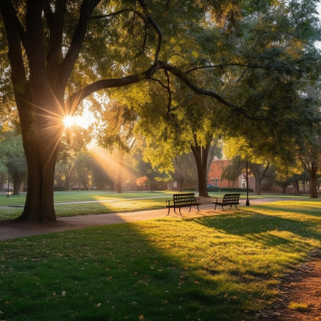 Sunset in the city park with two benches, trees and grassの素材