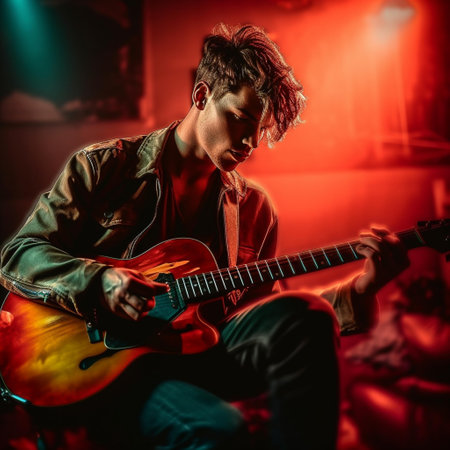 Young man playing the guitar in a nightclub. Music concept. Red lighting.の素材