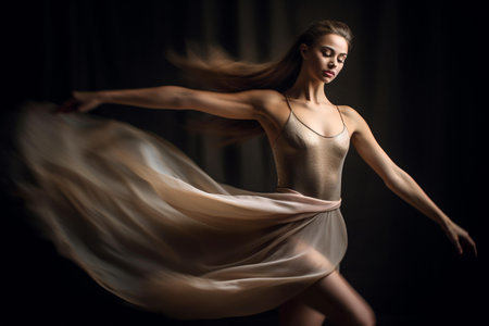 Beautiful young woman dancing in the studio on a dark background.の素材