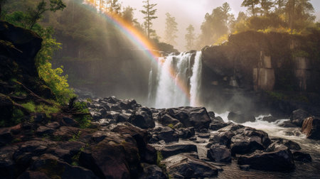 Rainbow over a waterfall in the rainforest of Oregon, USAの素材