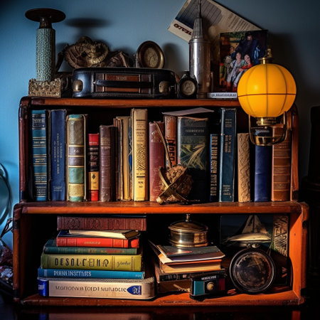 Old books on a wooden shelf. Retro style. Toned.の素材