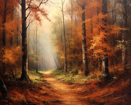 Autumn forest in fog. Digital painting of autumn forest.の素材