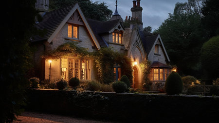 Night view of a beautiful house in the garden, England, UKの素材