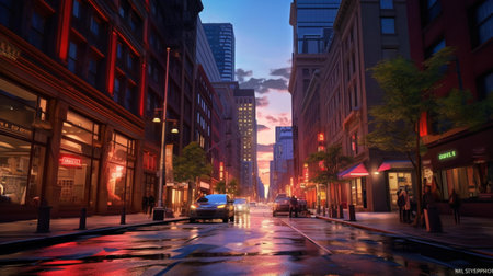 Street view of Chicago downtown at dusk.の素材