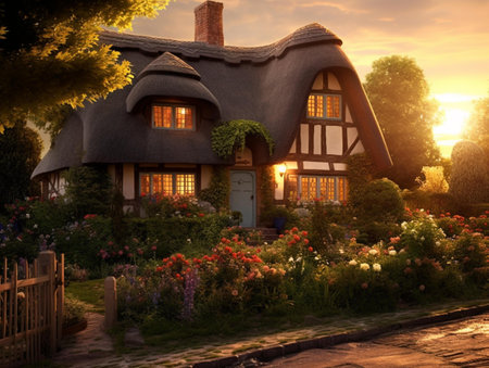 Beautiful cottage in the garden at sunset. 3d rendering.の素材