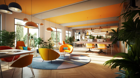 Modern office with orange walls, wooden floor and orange armchairs. 3d rendering mockupの素材