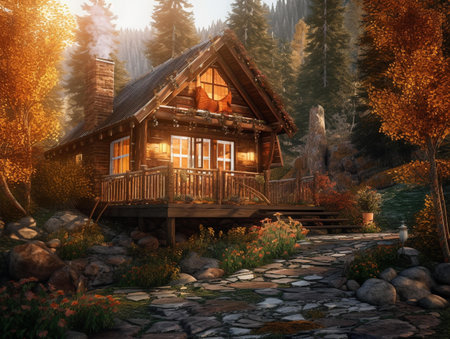 Wooden cottage in the autumn forest. 3D rendering. Illustration.の素材