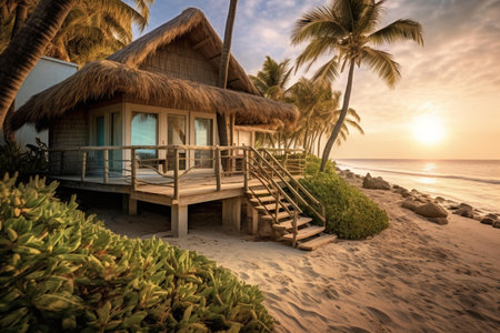 Tropical beach with wooden bungalows and palm trees at sunsetの素材