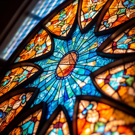 Stained glass window in a church, closeup of stained glass windowの素材