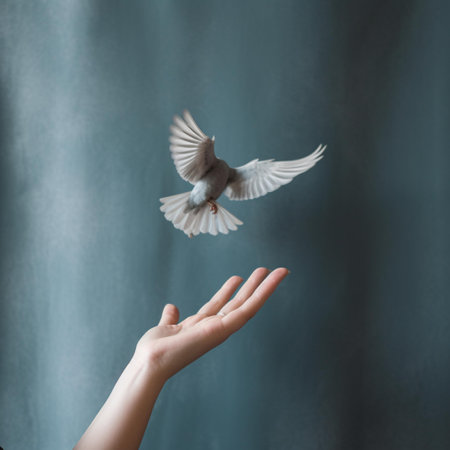 Female hand holding a white dove on a blue background. Copy space.の素材