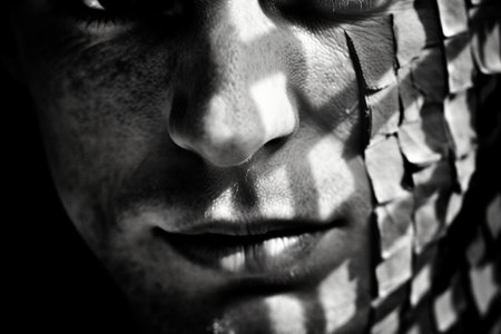 Portrait of a young man with blinds on his face.の素材