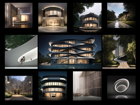 Collage of modern architecture in the night. 3D rendering.の素材