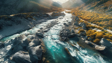 Streams in the mountains. Panoramic view of the mountain river.の素材
