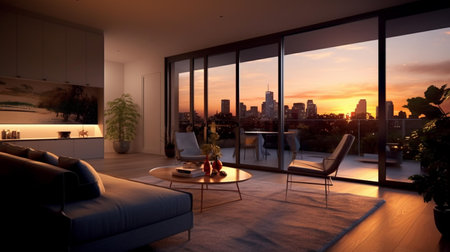 Modern living room with panoramic window overlooking the city at sunsetの素材