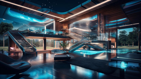 Interior of modern living room with swimming pool, 3d renderingの素材