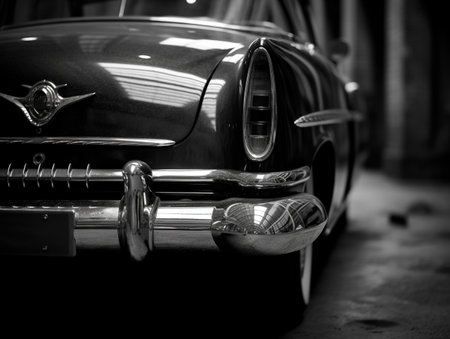 Vintage car in the garage. Black and white photo. Selective focus.の素材